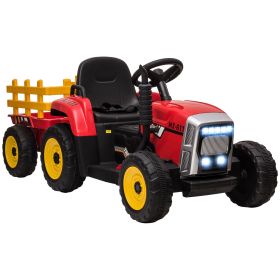 Aosom 12V Red Ride-On Tractor with Trailer for Kids Electric with RC 2 Motors Music Horn LED Lights
