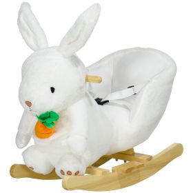 Qaba Plush Rabbit Rocking Horse, White Baby Rocking Chair with Animal Sounds, Perfect Toddler Gift