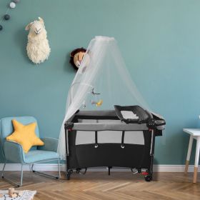 6 In 1 Foldable Baby Crib with Activity Center Diaper Changing Table Mosquito Net