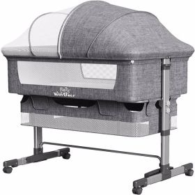 3-in-1 Bedside Crib With Mosquito Net, Large Storage Bag, Comfortable Mattress With Lockable Wheels, Grey (Color: Grey)