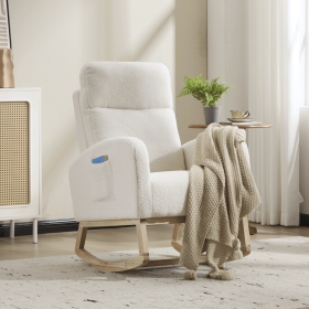 Modern Accent Rocking Chair Rocking Chair with Solid Wood Legs, Upholstered Nursery Glider Rocker, Comfy Armchair with Side Pocket (Color: White)
